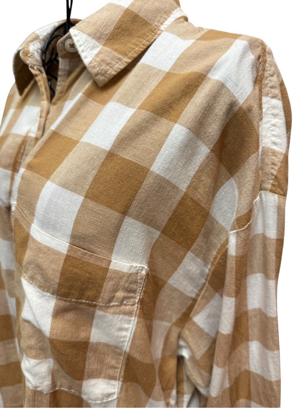 Anthropologie Maeve 100% Cotton Checked Button-Down Shirt - Cream & Tan preppy - Picture 5 of 9